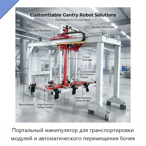 Портальный манипулятор для транспортировки модулей и автоматического перемещения бочек