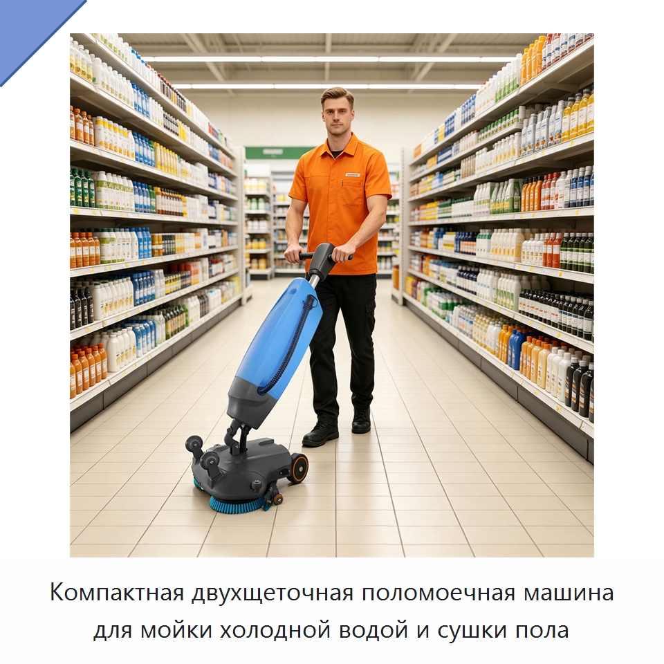 Компактная двухщеточная поломоечная машина для мойки холодной водой и сушки пола — Подметальные машины
