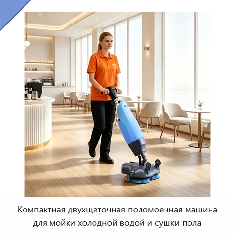 Компактная двухщеточная поломоечная машина для мойки холодной водой и сушки пола