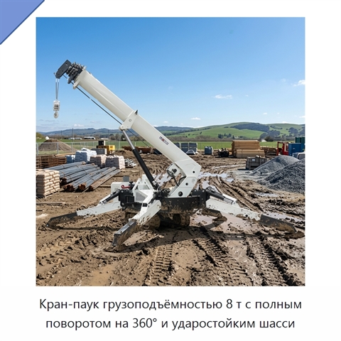 Кран-паук грузоподъёмностью 8 т с полным поворотом на 360° и ударостойким шасси