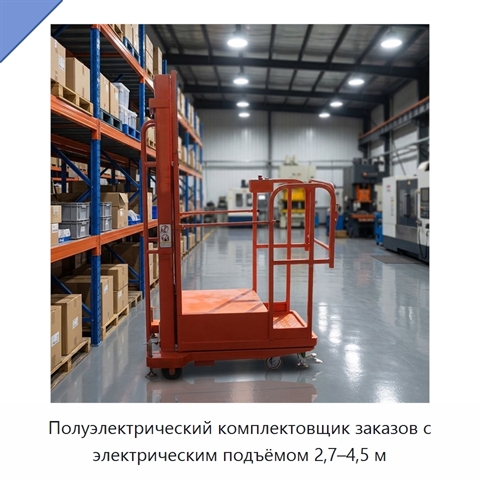 Полуэлектрический комплектовщик заказов с электрическим подъёмом 2,7–4,5 м