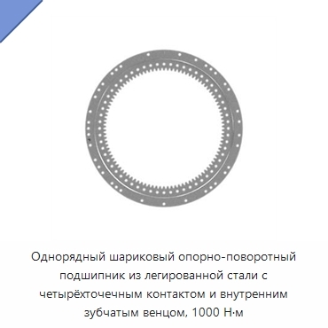 Однорядный шариковый опорно-поворотный подшипник из легированной стали с четырёхточечным контактом и внутренним зубчатым венцом, 1000 Н·м