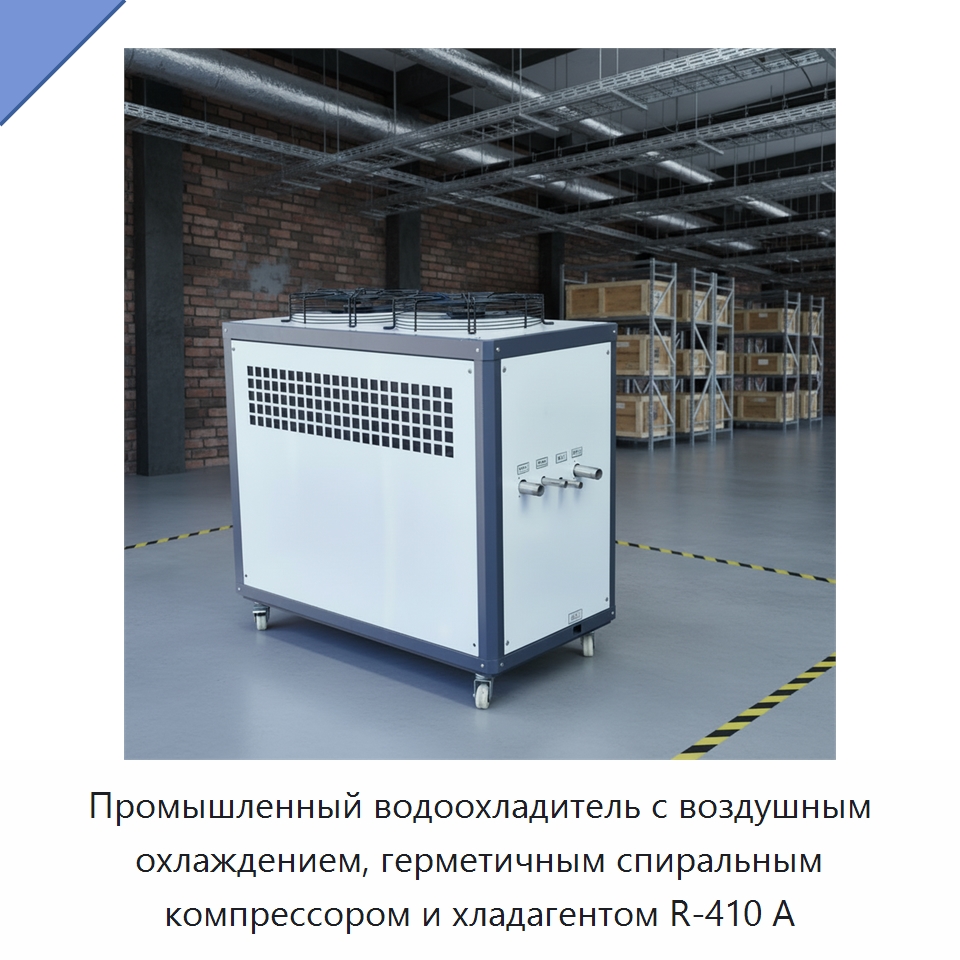 Промышленный водоохладитель с воздушным охлаждением, герметичным спиральным компрессором и хладагентом R-410 А — Охладительное оборудование