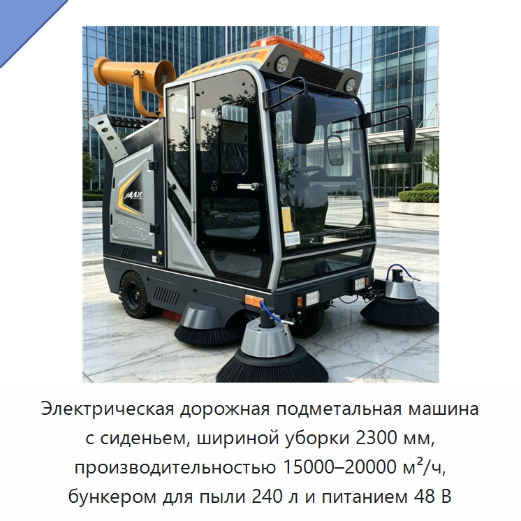 Электрическая дорожная подметальная машина с сиденьем, шириной уборки 2300 мм, производительностью 15000–20000 м²/ч, бункером для пыли 240 л и питанием 48 В — Коммунальная техника