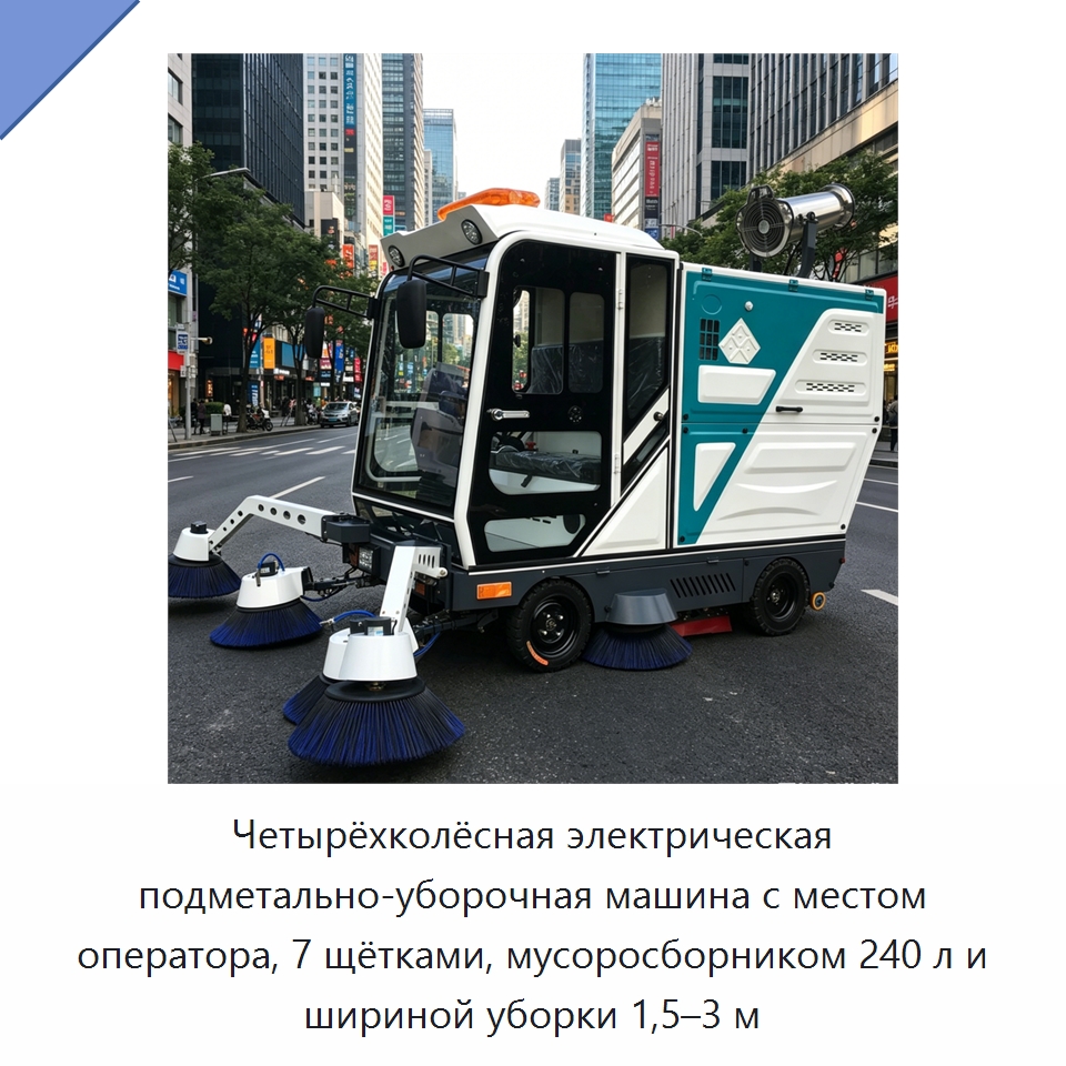 Четырёхколёсная электрическая подметально-уборочная машина с местом оператора, 7 щётками, мусоросборником 240 л и шириной уборки 1,5–3 м — Коммунальная техника