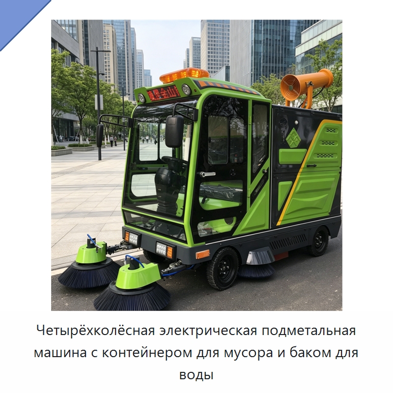 Четырёхколёсная электрическая подметальная машина с контейнером для мусора и баком для воды — Коммунальная техника