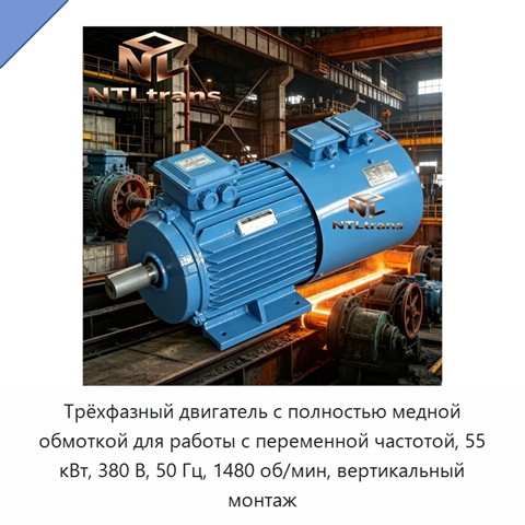 Трёхфазный двигатель с полностью медной обмоткой для работы с переменной частотой, 55 кВт, 380 В, 50 Гц, 1480 об/мин, вертикальный монтаж