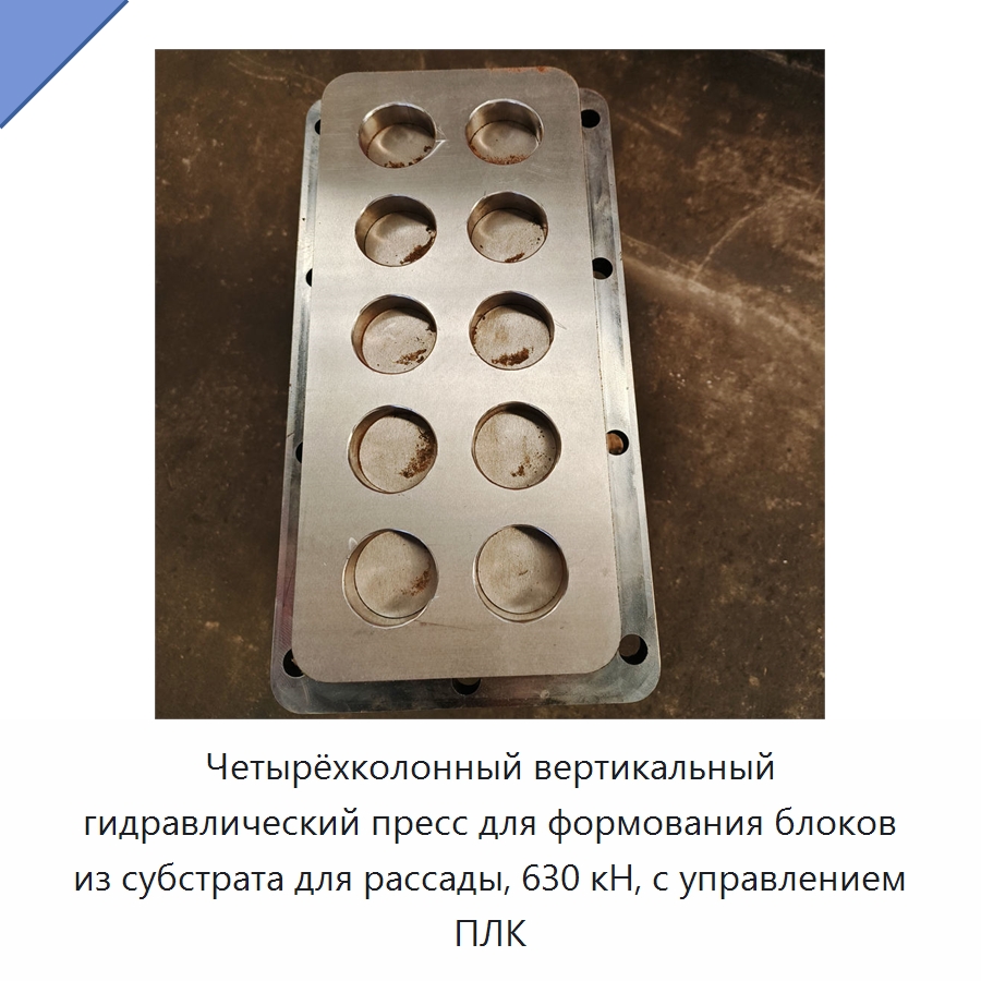 Четырёхколонный вертикальный гидравлический пресс для формования блоков из субстрата для рассады, 630 кН, с управлением ПЛК