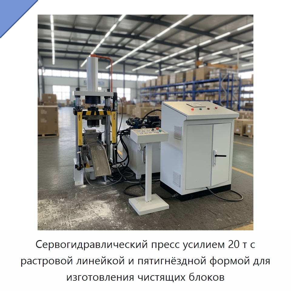 Сервогидравлический пресс усилием 20 т с растровой линейкой и пятигнёздной формой для изготовления чистящих блоков — Гидравлические прессы