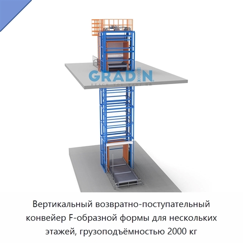 Вертикальный возвратно-поступательный конвейер F-образной формы для нескольких этажей, грузоподъёмностью 2000 кг