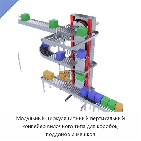 Модульный циркуляционный вертикальный конвейер вилочного типа для коробок, поддонов и мешков