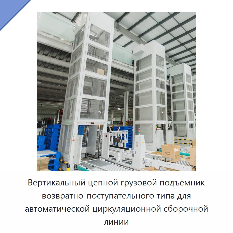 Вертикальный цепной грузовой подъёмник возвратно-поступательного типа для автоматической циркуляционной сборочной линии — Подъемные столы