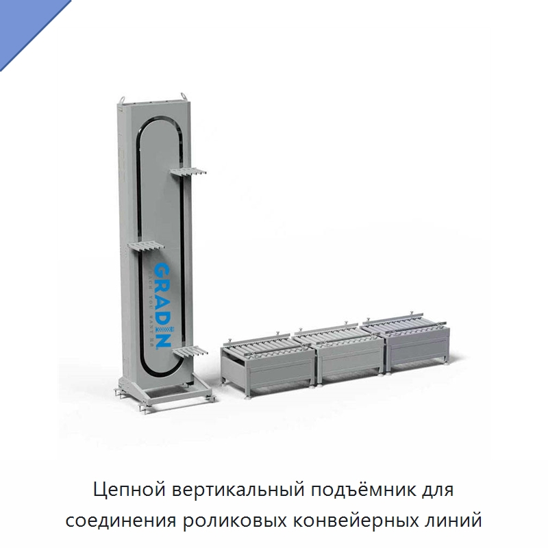 Цепной вертикальный подъёмник для соединения роликовых конвейерных линий — Подъемные столы