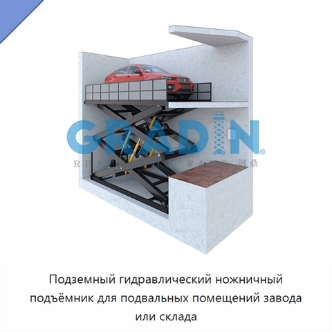 Подземный гидравлический ножничный подъёмник для подвальных помещений завода или склада