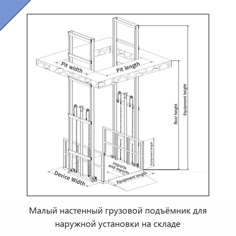 Малый настенный грузовой подъёмник для наружной установки на складе
