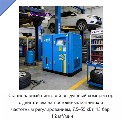 Стационарный винтовой воздушный компрессор с двигателем на постоянных магнитах и частотным регулированием, 7,5–55 кВт, 13 бар, 11,2 м³/мин
