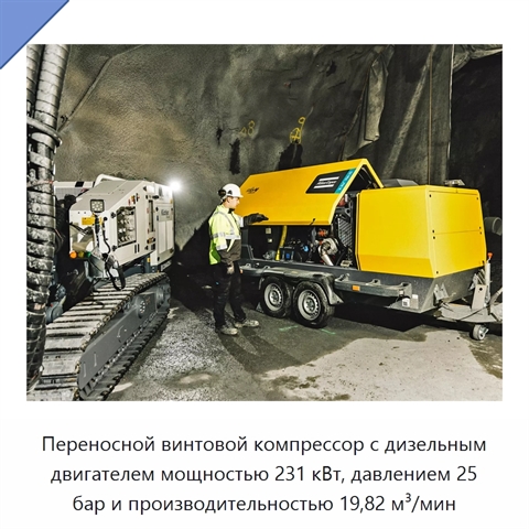 Переносной винтовой компрессор с дизельным двигателем мощностью 231 кВт, давлением 25 бар и производительностью 19,82 м³/мин