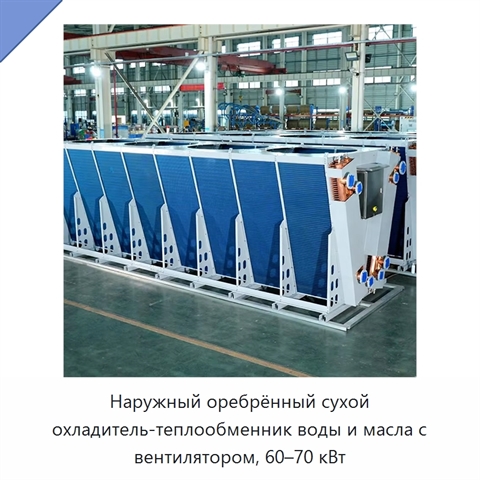 Наружный оребрённый сухой охладитель-теплообменник воды и масла с вентилятором, 60–70 кВт
