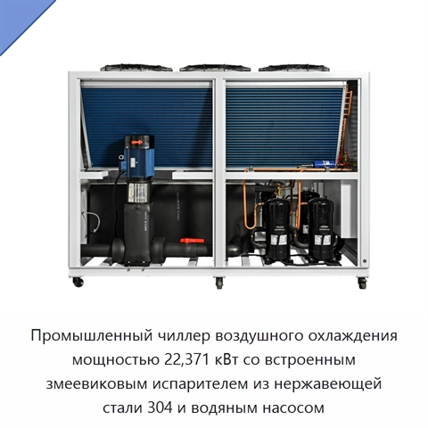 Промышленный чиллер воздушного охлаждения мощностью 22,371 кВт со встроенным змеевиковым испарителем из нержавеющей стали 304 и водяным насосом