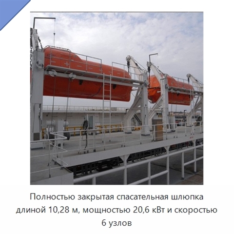 Полностью закрытая спасательная шлюпка длиной 10,28 м, мощностью 20,6 кВт и скоростью 6 узлов