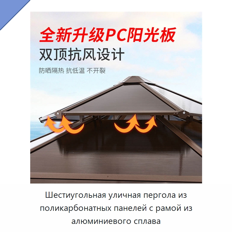Шестиугольная уличная пергола из поликарбонатных панелей с рамой из алюминиевого сплава