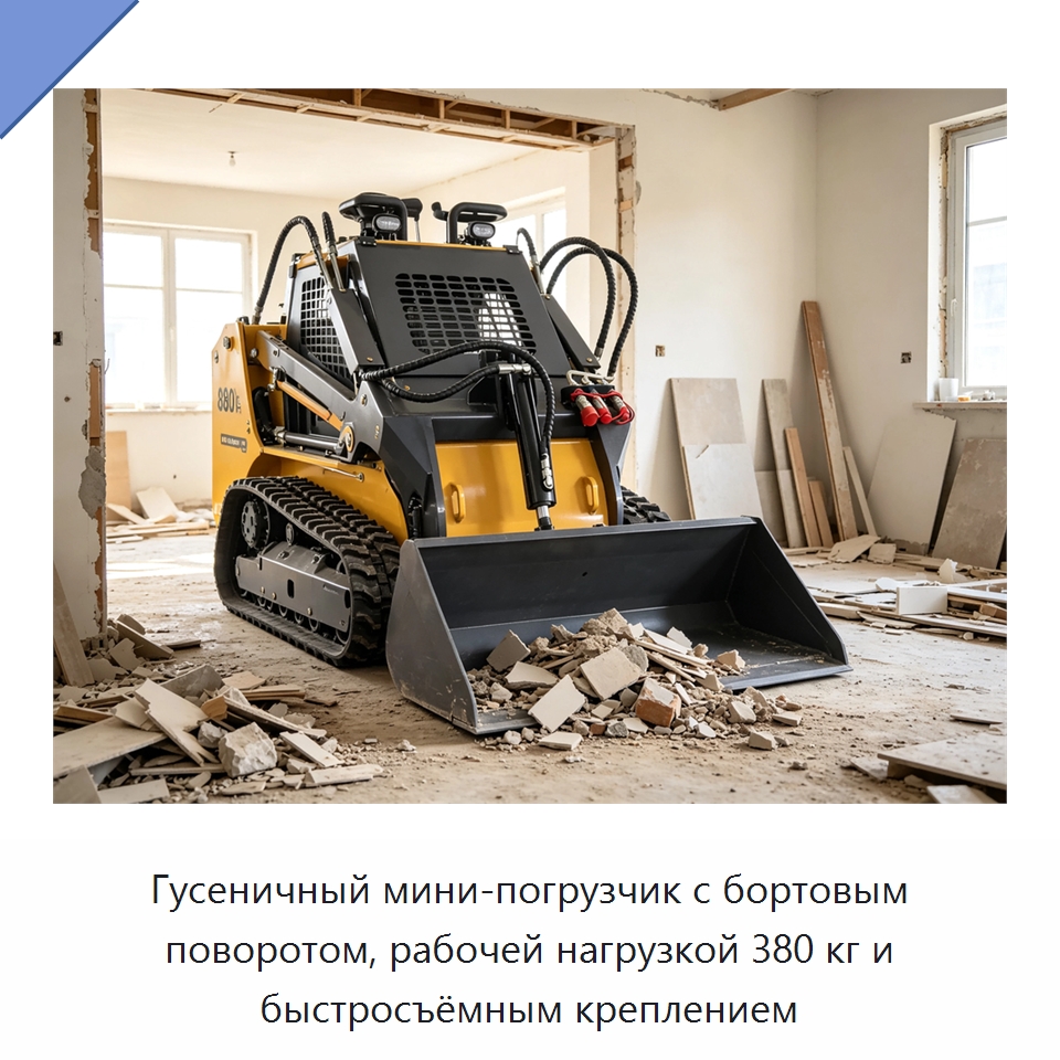 Гусеничный мини-погрузчик с бортовым поворотом, рабочей нагрузкой 380 кг и быстросъёмным креплением — Землеройная техника
