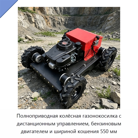 Полноприводная колёсная газонокосилка с дистанционным управлением, бензиновым двигателем и шириной кошения 550 мм