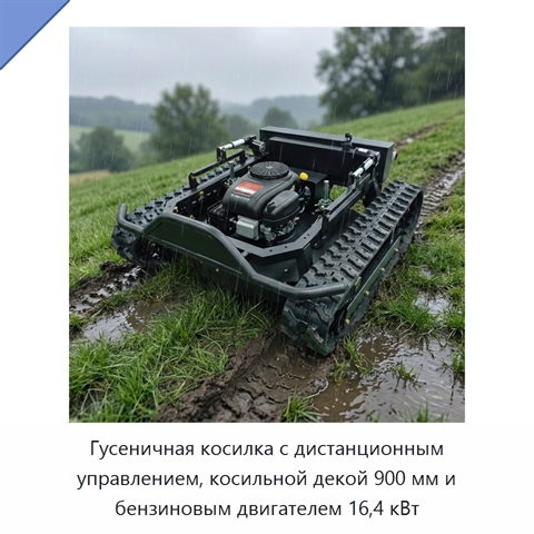 Гусеничная косилка с дистанционным управлением, косильной декой 900 мм и бензиновым двигателем 16,4 кВт
