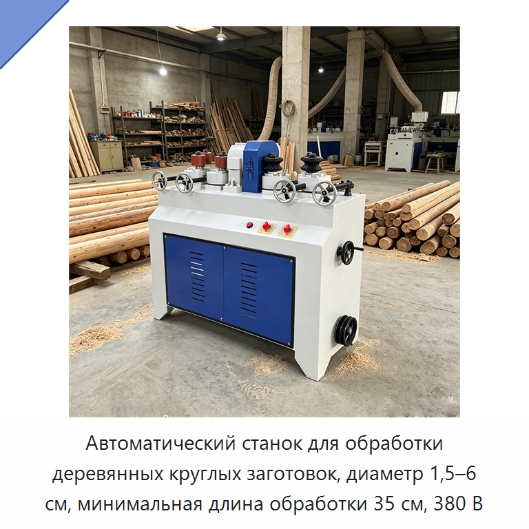 Автоматический станок для обработки деревянных круглых заготовок, диаметр 1,5–6 см, минимальная длина обработки 35 см, 380 В — Специальное деревообрабатывающее оборудование
