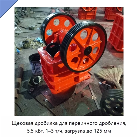 Щековая дробилка для первичного дробления, 5,5 кВт, 1–3 т/ч, загрузка до 125 мм