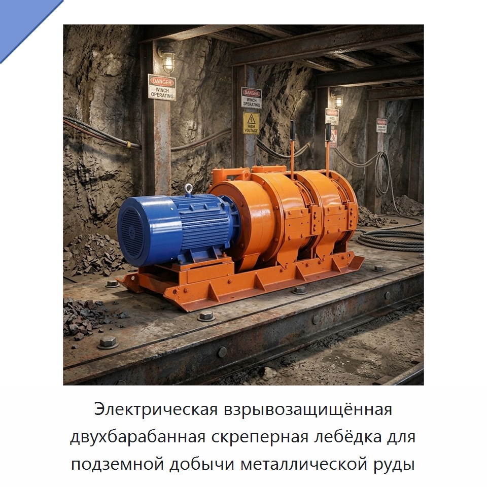 Электрическая взрывозащищённая двухбарабанная скреперная лебёдка для подземной добычи металлической руды — Горнодобывающее оборудование