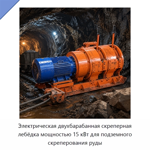 Электрическая двухбарабанная скреперная лебёдка мощностью 15 кВт для подземного скреперования руды