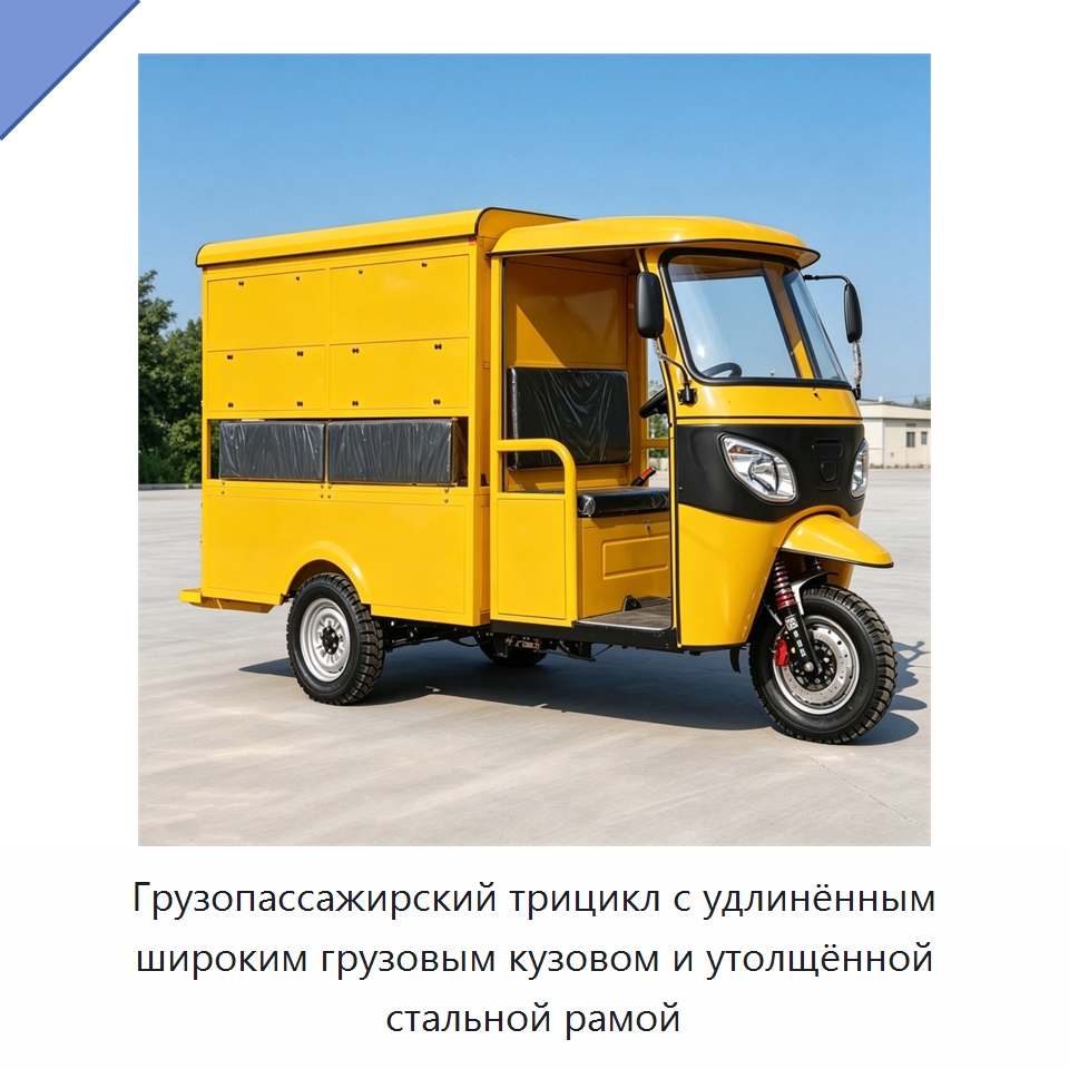 Грузопассажирский трицикл с удлинённым широким грузовым кузовом и утолщённой стальной рамой — Специальное сервисное оборудование