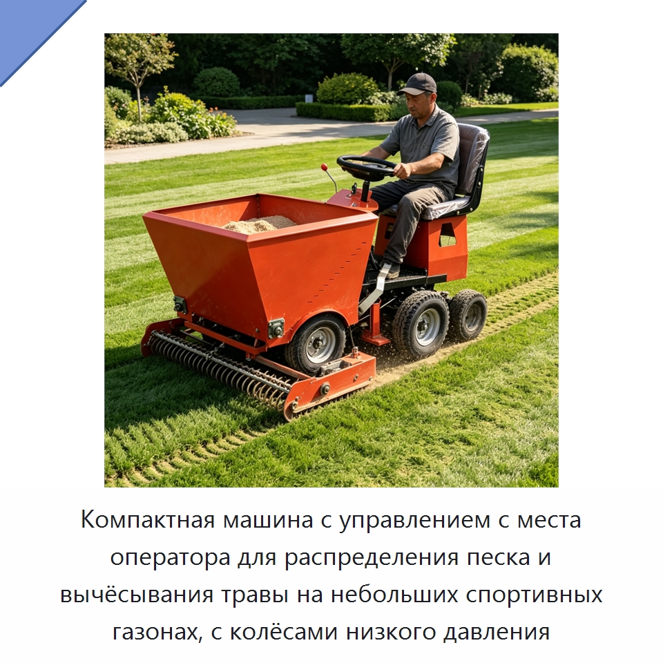 Компактная машина с управлением с места оператора для распределения песка и вычёсывания травы на небольших спортивных газонах, с колёсами низкого давления — Специальные машины и промышленное оборудование