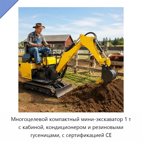 Многоцелевой компактный мини-экскаватор 1 т с кабиной, кондиционером и резиновыми гусеницами, с сертификацией CE