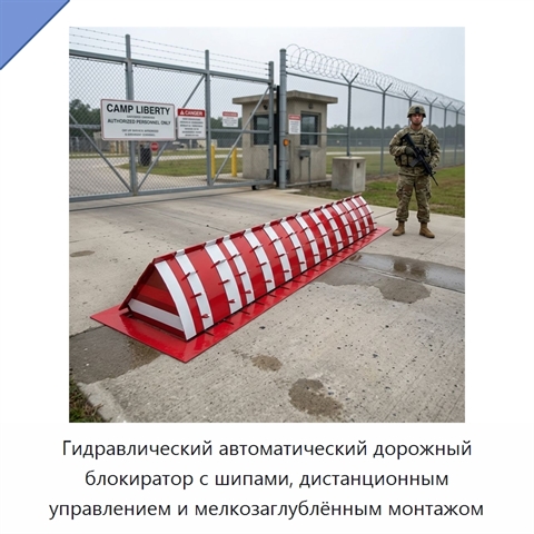 Гидравлический автоматический дорожный блокиратор с шипами, дистанционным управлением и мелкозаглублённым монтажом