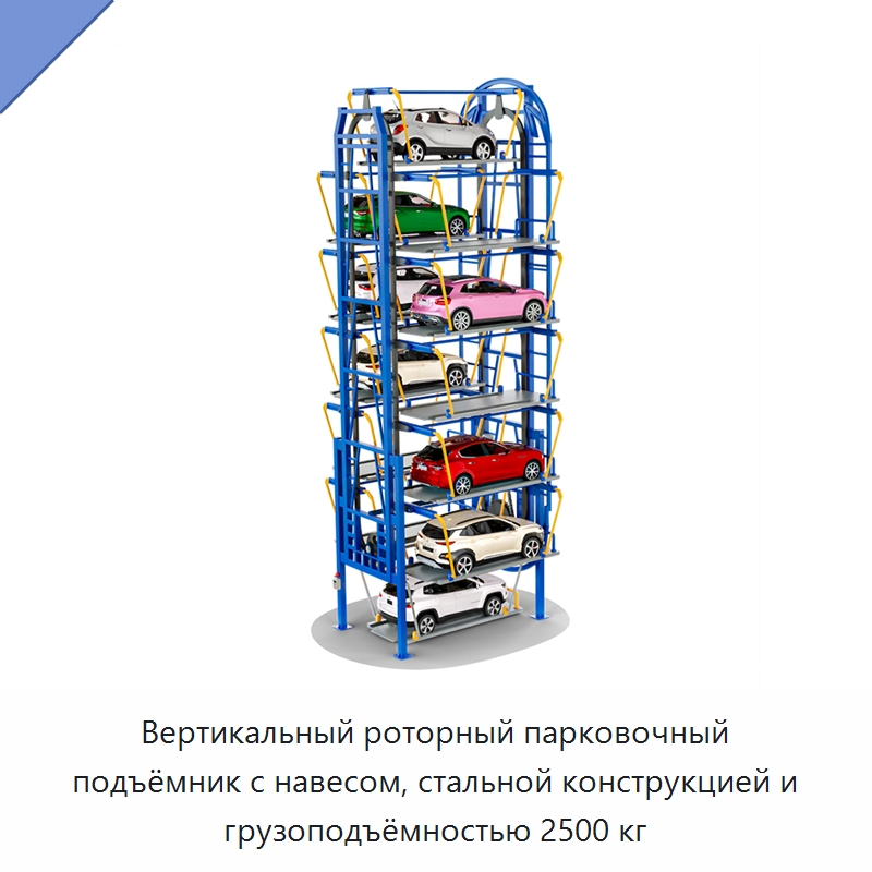 Вертикальный роторный парковочный подъёмник с навесом, стальной конструкцией и грузоподъёмностью 2500 кг — Парковочное оборудование