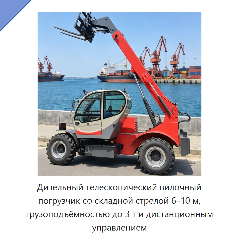 Дизельный телескопический вилочный погрузчик со складной стрелой 6–10 м, грузоподъёмностью до 3 т и дистанционным управлением — Специальные машины и промышленное оборудование