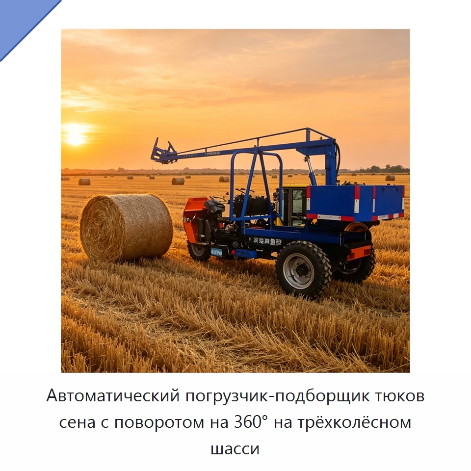 Автоматический погрузчик-подборщик тюков сена с поворотом на 360° на трёхколёсном шасси — Специальная сельскохозяйственная техника