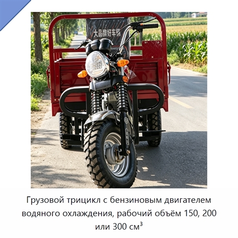 Грузовой трицикл с бензиновым двигателем водяного охлаждения, рабочий объём 150, 200 или 300 см³