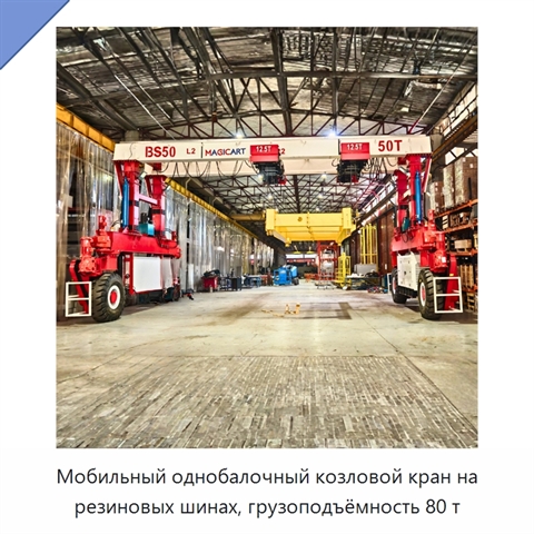 Мобильный однобалочный козловой кран на резиновых шинах, грузоподъёмность 80 т