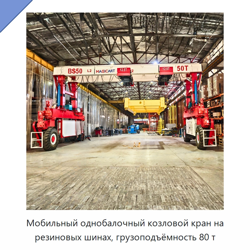 Мобильный однобалочный козловой кран на резиновых шинах, грузоподъёмность 80 т — Краны