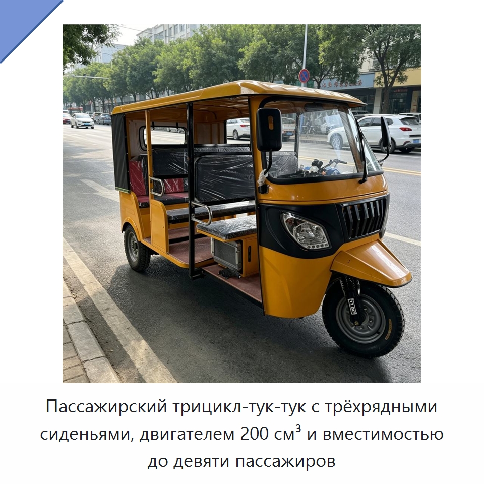 Пассажирский трицикл-тук-тук с трёхрядными сиденьями, двигателем 200 см³ и вместимостью до девяти пассажиров — Специальные машины и промышленное оборудование