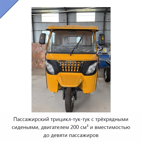 Пассажирский трицикл-тук-тук с трёхрядными сиденьями, двигателем 200 см³ и вместимостью до девяти пассажиров