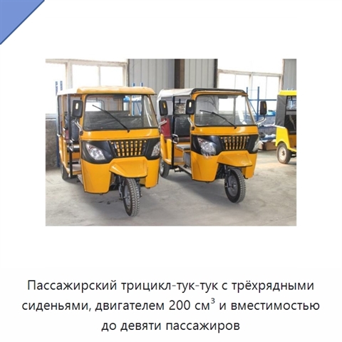 Пассажирский трицикл-тук-тук с трёхрядными сиденьями, двигателем 200 см³ и вместимостью до девяти пассажиров