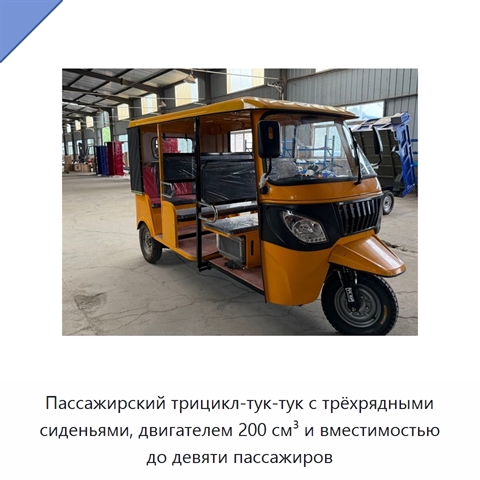 Пассажирский трицикл-тук-тук с трёхрядными сиденьями, двигателем 200 см³ и вместимостью до девяти пассажиров