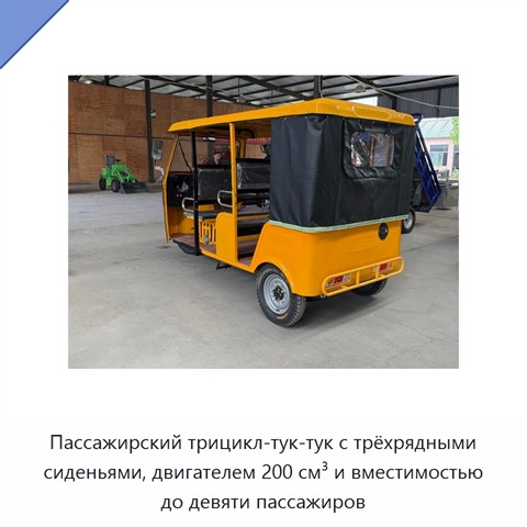 Пассажирский трицикл-тук-тук с трёхрядными сиденьями, двигателем 200 см³ и вместимостью до девяти пассажиров