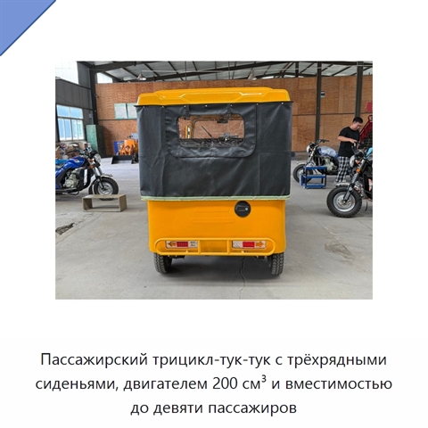 Пассажирский трицикл-тук-тук с трёхрядными сиденьями, двигателем 200 см³ и вместимостью до девяти пассажиров