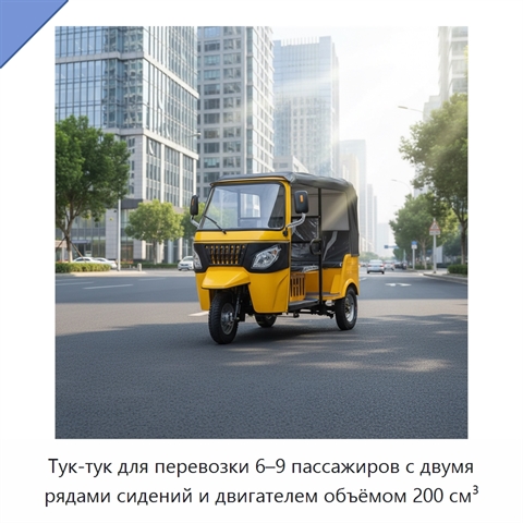 Тук-тук для перевозки 6–9 пассажиров с двумя рядами сидений и двигателем объёмом 200 см³