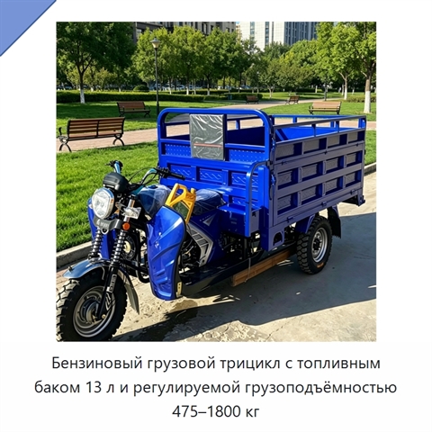 Бензиновый грузовой трицикл с топливным баком 13 л и регулируемой грузоподъёмностью 475–1800 кг